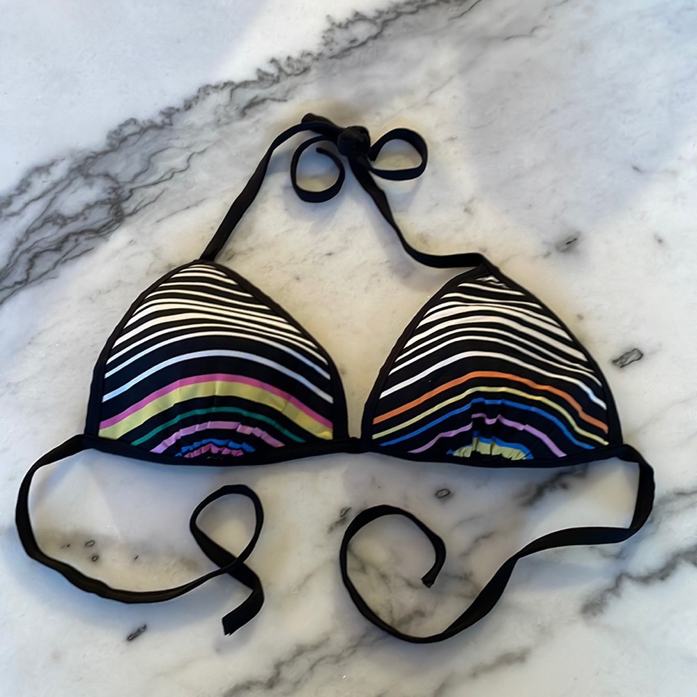 Oviesse Triangle Bikini Top - Black With Multi-Color Stripes